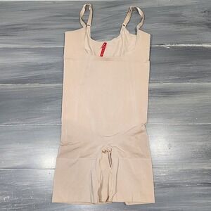 SPANX Open Bust Mid-Thigh Bodysuit Tummy Control Shapewear Beige Large 10130R